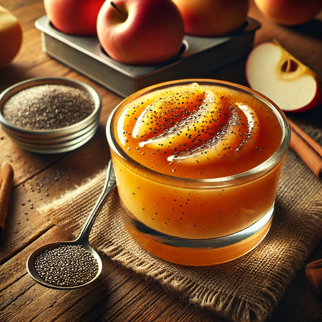 Compote de pommes maison avec cannelle et graines de chia.