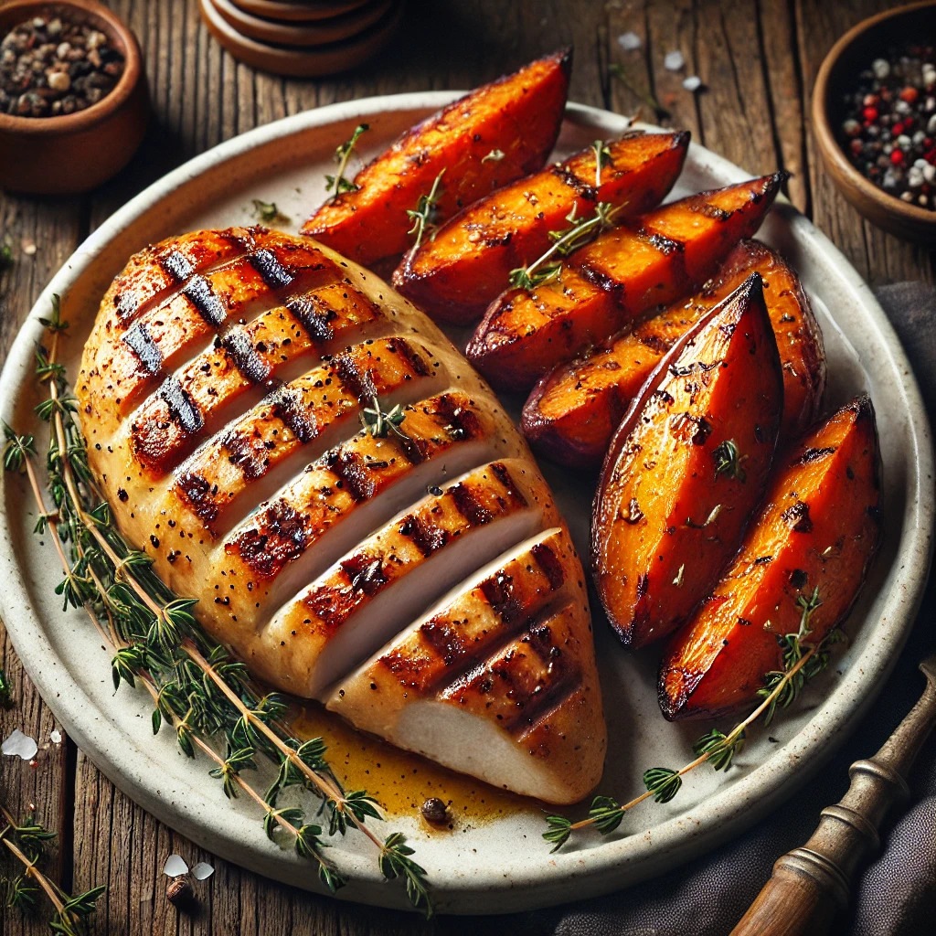 Dinde aux herbes et patates douces rôties.
