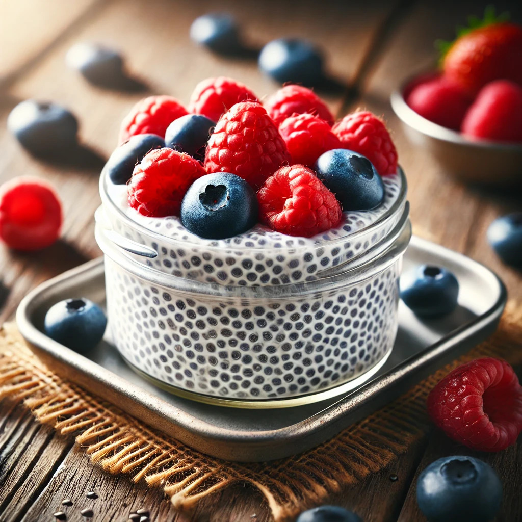 Pudding de chia au lait d’amande et fruits rouges.